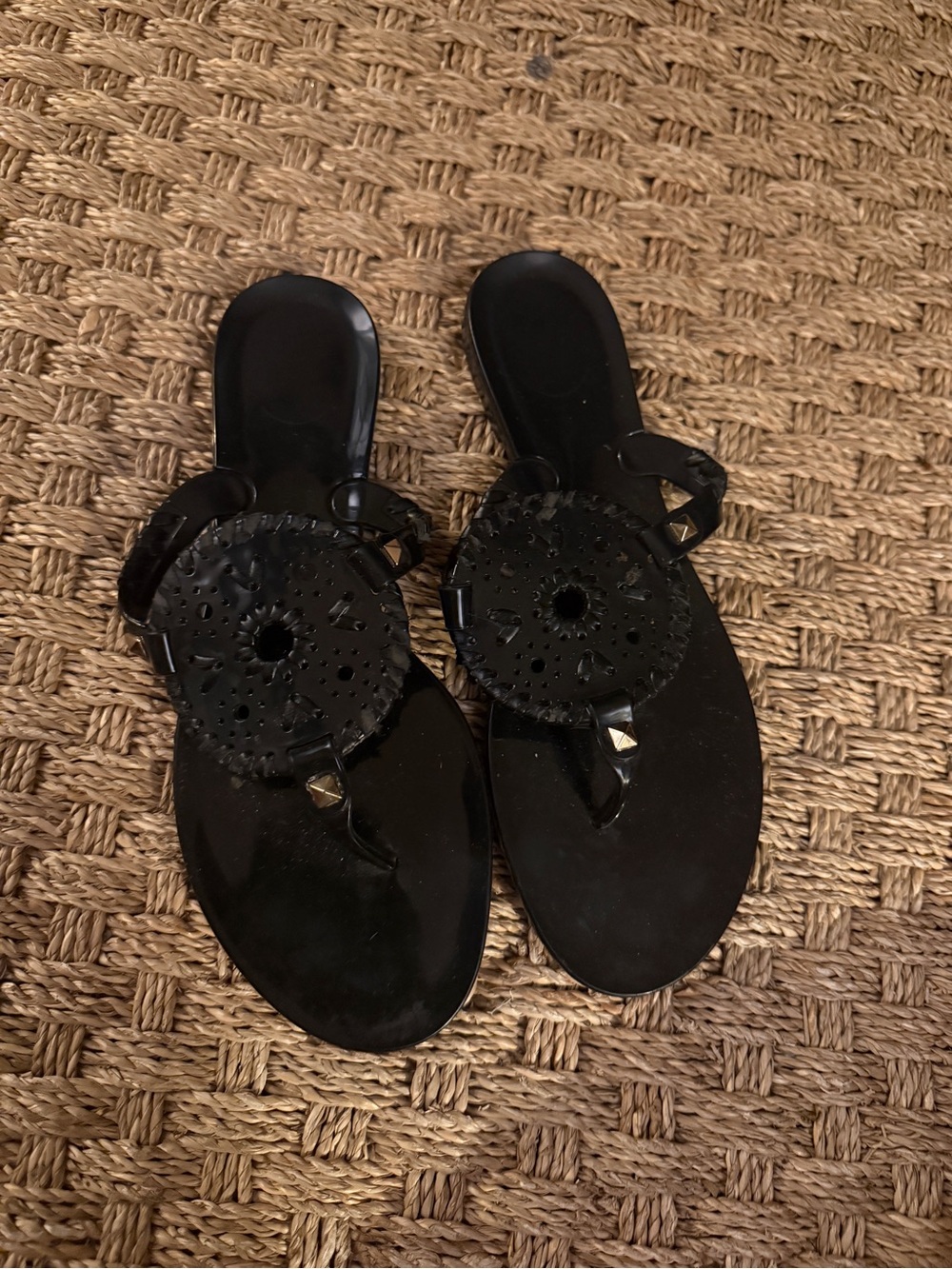 Jack Rogers Black Jelly Toe-Post Sandals with Decorative Medallions